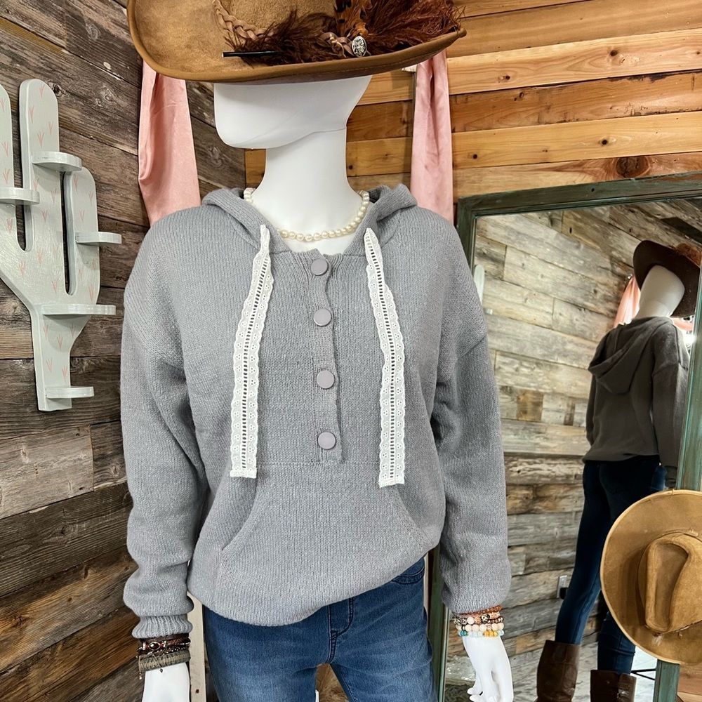 Gray Kangaroo Pocket Button Lace Drawstring Hoodie Pullover Sweater 💗
